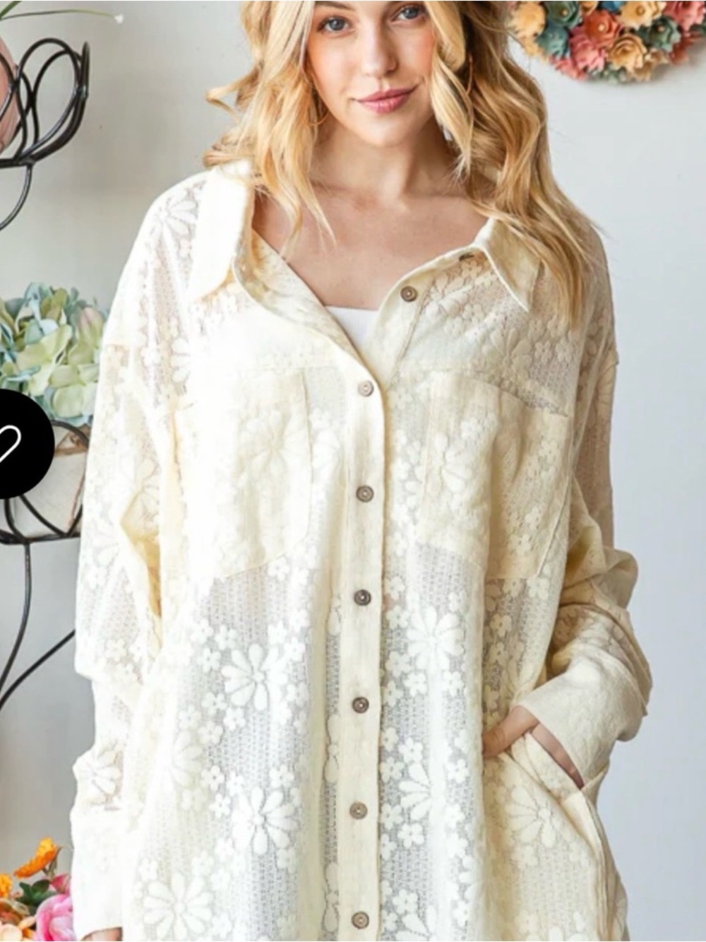 Oli & Hali Cream Lace Floral Button-Front Shirt